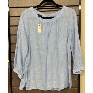 Talbots 100% Linen NWT Round Neck Back Button Up Light Blue Classic Sz M